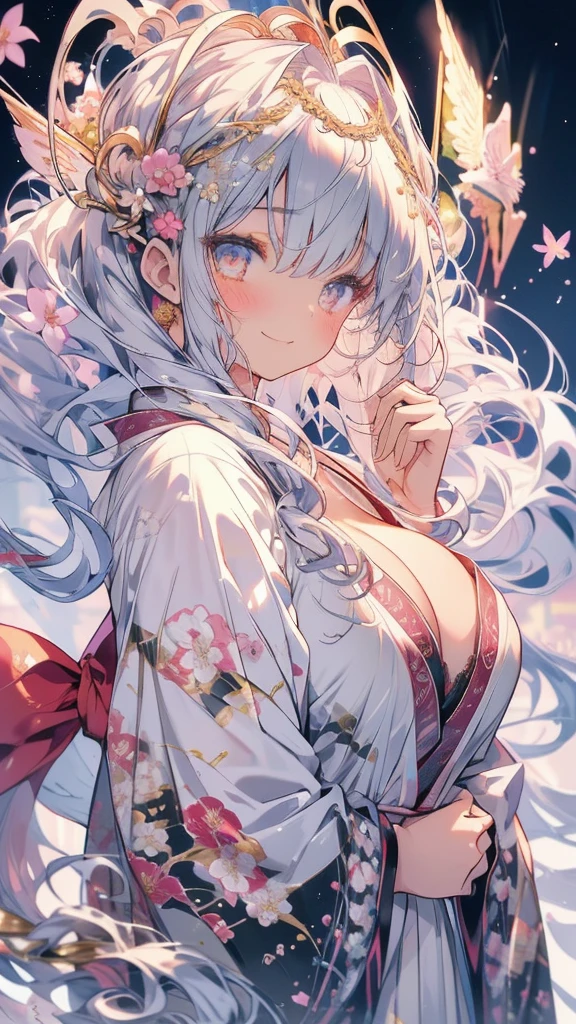 Highest quality、Masterpiece、Super detailed、8k、4K、1 girl、Gray Hair、Fluffy, soft, loosely curled long hair、Golden Eyes、White kimono with crane pattern、Lace cape、White and gold ribbon hair accessory、Cherry Blossoms at Night、moonlight、Cleavage、smile、Embarrassed expression、Big Tits、Cherry blossom field