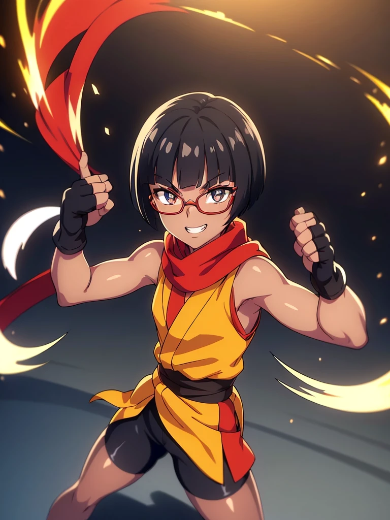 (flat chest), (masterpiece:1.2), highest quality, High resolution, unity 8k wallpaper, (fine and beautiful eyes:1.6), highly detailed face, perfect lighting, Detailed CG, (perfect hands, perfect anatomy), (1 female:1.4), 20 years old,( black hair:1.3), extremely beautiful detailfeminine face and eyes, (grin smile), detailed eyes, best quality,( dark skin:1.8), extremely detailed, very precise detailed,(glasses:1.3), (blunt bangs:1.3), open mouth, (very short pixie cut:1.2), (geta:1.2),(fingerless gloves:1.5), half closed eyes,long sidelocks,(long red Scarf:1.3),(sleeveless yukata), (fight stance:1.5),(high kick:1.4),(bike_shorts:1.4),