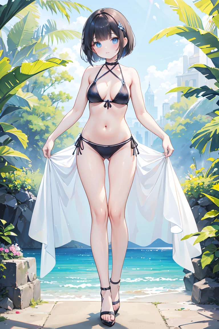 whole body、Standing in front、White high heels、One beautiful woman、cute、Bob Cut Hair、Dark Hair、Pale blue eyes、Beautiful breasts、bikini、Realistic、Highest quality、Highest Resolution、Highest quality、8K、