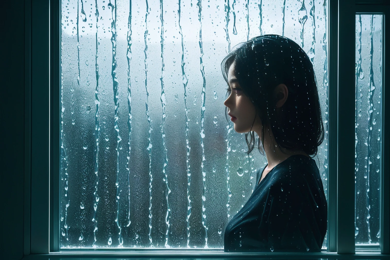 Highest quality masterpiece A lonely beautiful woman in a stylish windowpane Photo style Real Rain and dew on window glass