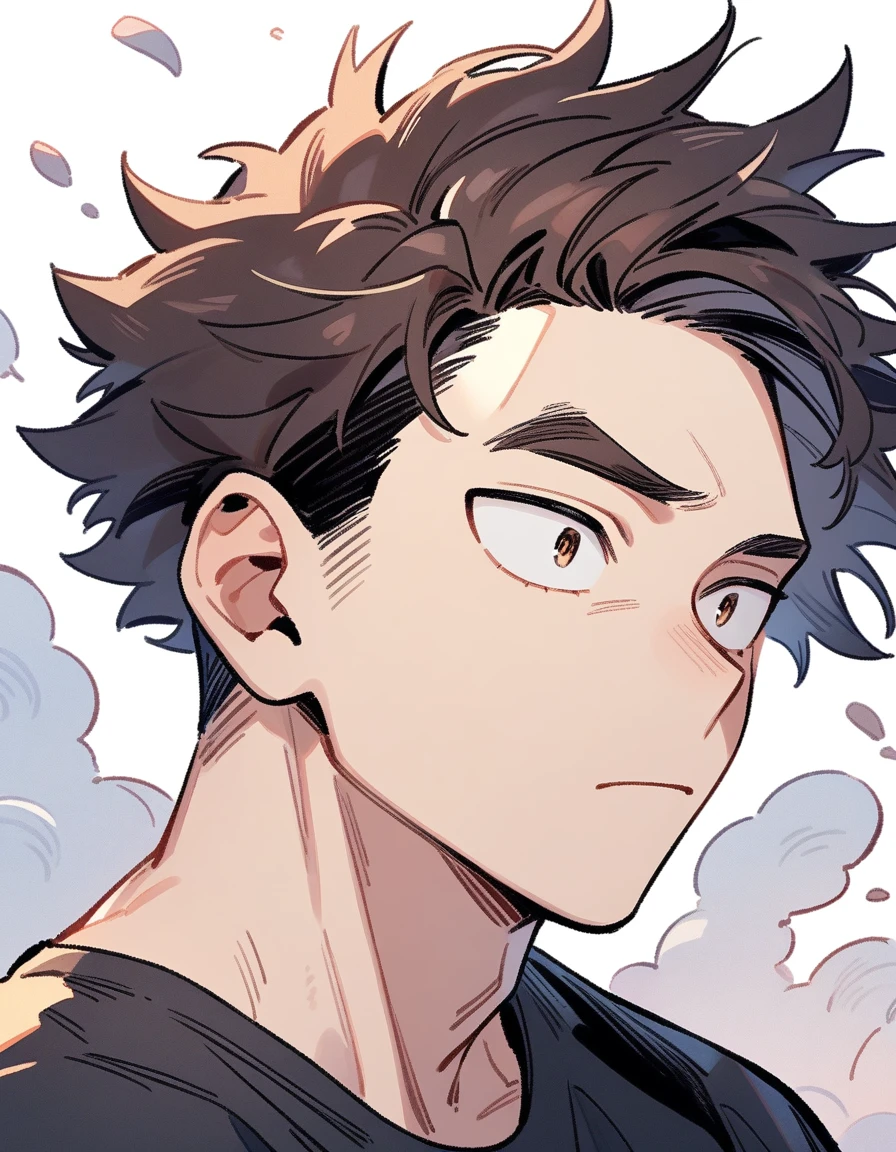 One boy, male focus, young, teen, boku no hero academia, Face portrait, Oval face, strong jaw and high cheekbones. Soft but marked features. Slightly almond-shaped eyes framed by long, straight eyelashes, deep gaze. Expression of concentration. Thick eyebrows. Dark brown hair, short and slightly messy. Strands that fall on the forehead. Carefree but careful style. masterpiece. best quality. very aesthetic. proportionally anatomical. Detailed illustration, medium close up portrait. Looking forward. Black t-shirt.