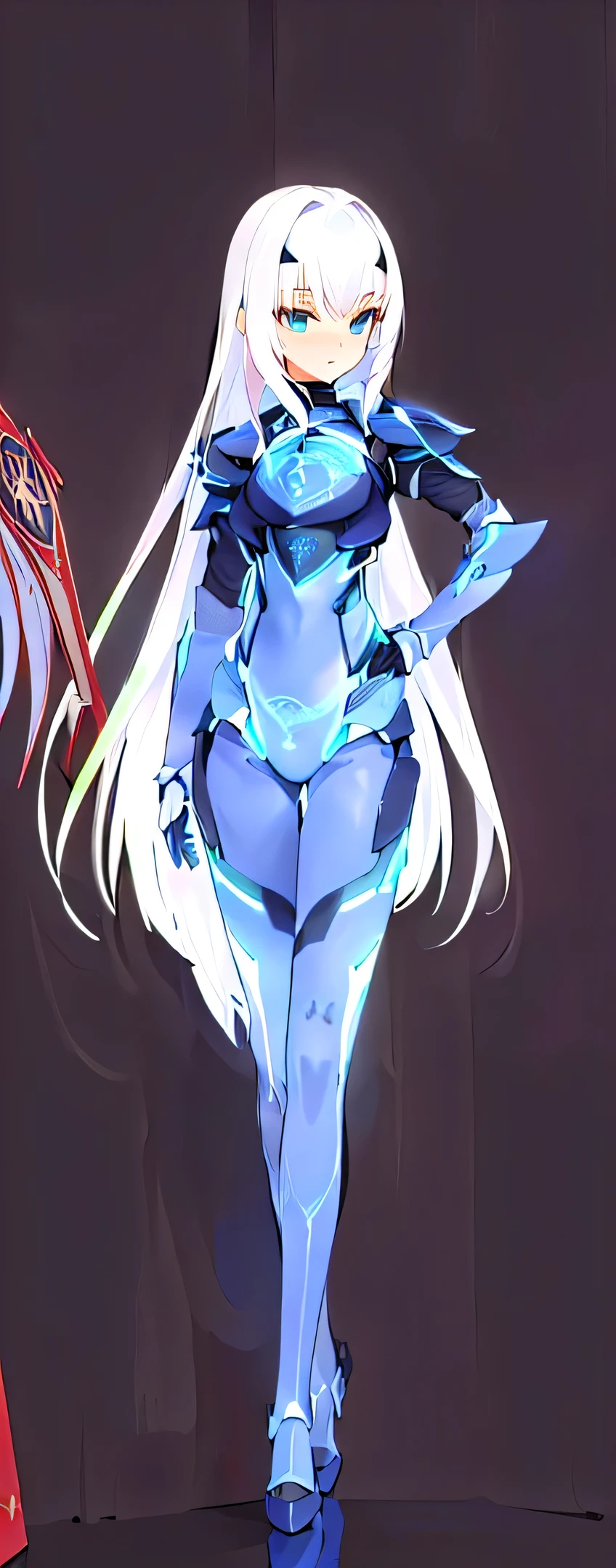 ((detailed), high_quality, master_quality, (realistic), (full_body), (3rdascend), standing, 8k, masterpiece, (fortified_suit), white_hair, medium_breasts, sexy, , (melusine), 1stascend, black thighhighs, armor, armored dress, (blue armor), breastplate, gloves, mask, pauldrons, shoulder armor, high_heels
