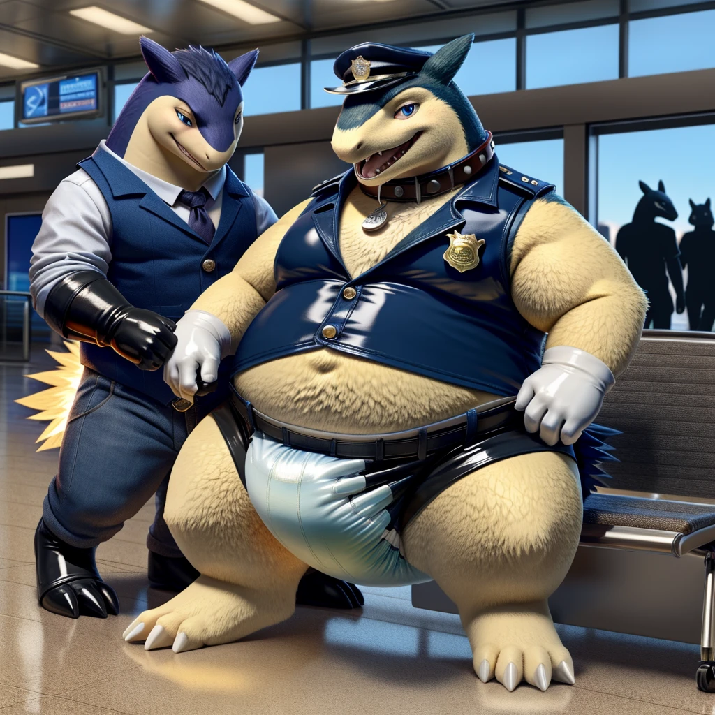 Male, fat, extremely obese, gentleman, dapper Typhlosion laying on the ground with legs spread apart, getting his diaper changed by another Typhlosion, blue eyes, (soft shading), 4k, hi res, ((detailed face, detailed)), looking at viewer, evil grin, Airport, TSA, TSA Uniform, collared shirt with buttons, hat, male focus, Police Uniform, glasses, monocle, vest with buttons, sleeves rolled up, round eyewear, headwear, vest, Typhlosion is wearing a glossy leather dog collar around the neck, Typhlosion is wearing the leather collar and shirt and vest at the same time, Typhlosion is wearing glossy white rubber gloves on the hands, wearing white rubber gloves on the feet, gloves are rubber in texture, mouth wide open, evil laugh, clenching fists, leather collar is glossy and shiny with a lot of detail, Typhlosion is wearing gloves and leather collar at the same time, leather collar has a round dog-tag, leather collar is thick and detailed, white rubber gloves on the feet, Typhlosion is wearing gloves and leather collar at the same time, leather collar has a round dog-tag, leather collar is thick and detailed, leather collar is glossy and shiny, fancy clothing, dapper vest, dapper shirt, leather collar is thick, glossy leather collar, Typhlosion is wearing a dirty diaper, Fat Typhlosion is getting his diaper changed by a second Typhlosion, second Typhlosion is wearing gloves, second Typhlosion is wearing a leather collar.