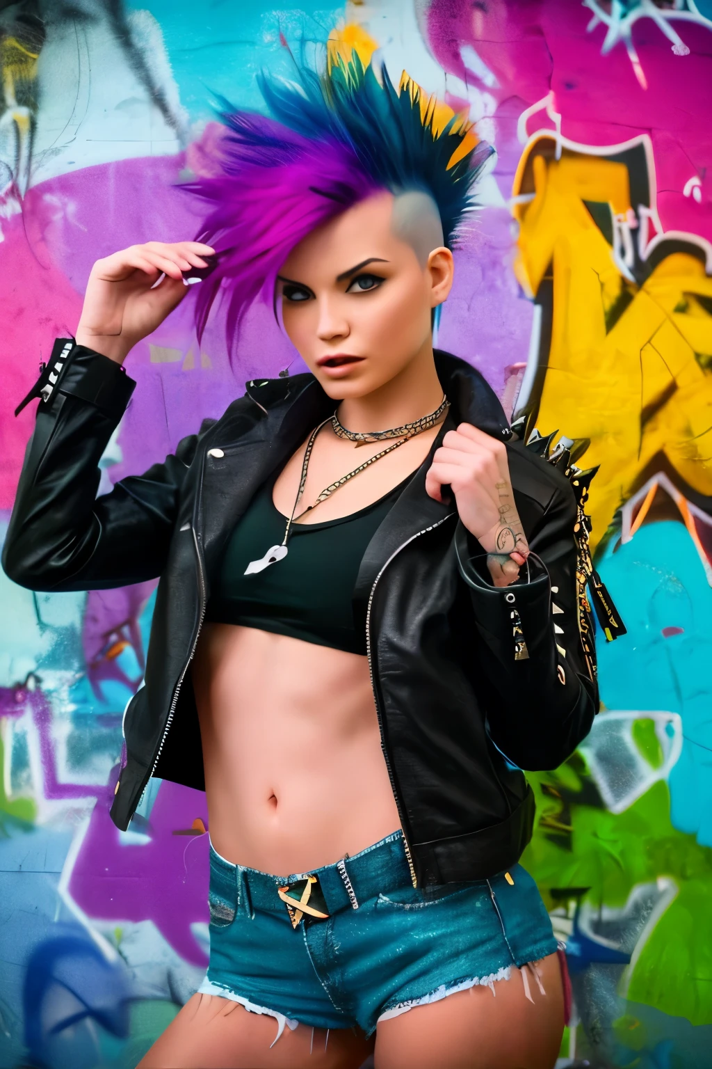 (Artwork, best quality:1.2), 1 girl ,intrincately detailed, "Punk Girl", in dynamic pose, ((spiky mohawk hair, punk hair, wearing a black jacket, chains, Rocket style, tatuados , hot body, abdomen)) . Shallow depth of field, vignette, highy detailed, high budget, bokeh, cinemascope, temperamental, epic, marvelous, film grain, grainy. ((Abandoned Graffiti Wall Background)).