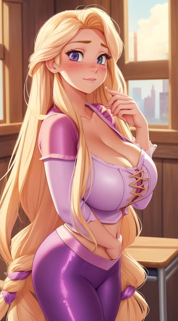 (RapunzelWaifu: 1.2), masterpiece, perfect lighting, cinematic lighting, adult, rapunzel, freckles, blush, solo, white crop top, purple leggings, pink blonde, very long hair, more definition, huge breasts, embarrassed expression, blushing, deep cleavage, seductive glance at camera, in classroom