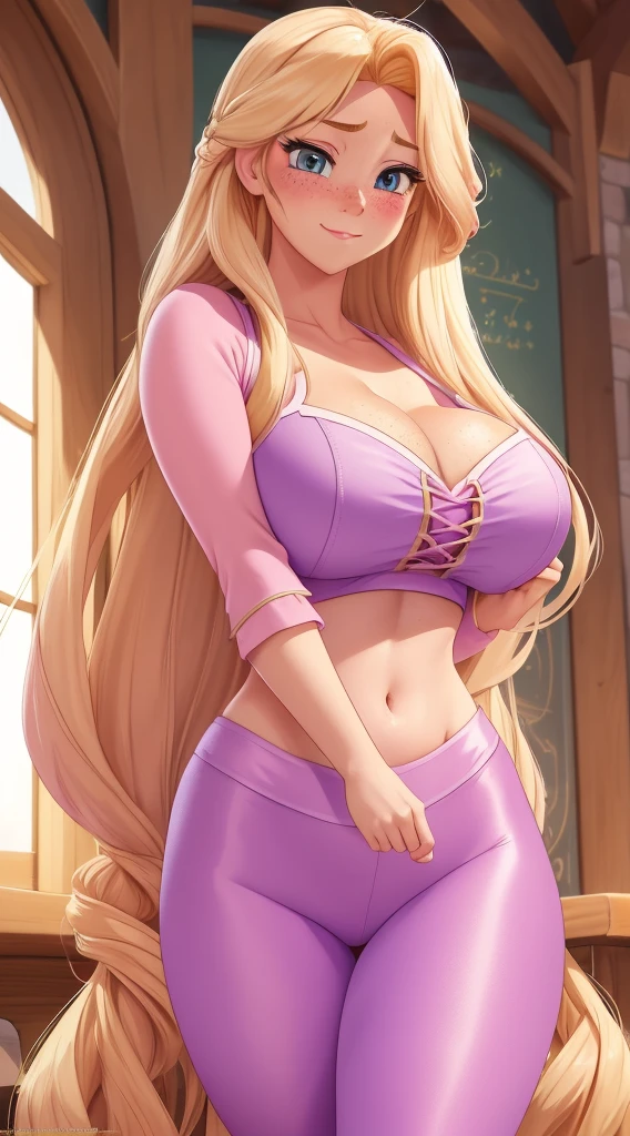 (RapunzelWaifu: 1.2), masterpiece, perfect lighting, cinematic lighting, adult, rapunzel, freckles, blush, solo, white crop top, purple leggings, pink blonde, very long hair, more definition, huge breasts, embarrassed expression, blushing, deep cleavage, seductive glance at camera, in classroom