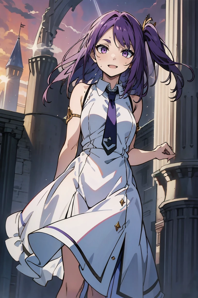 (masterpiece:1.2), (high quality:1.2), reo mikage, blue lock, girls with((1girl, solo, purple hair, (medium hair, right swept bangs, one side up:1.55), white clothes, blouse, sleeveless, collar, collarbone, collared shirt, necktie, cheongsam, cinderella dress, long dress, frill pannier, leggings, boots, sandals, bare legged, background with((fantasy world, ruin, castle, beautiful sky, shining sky, sunshine:1.35))