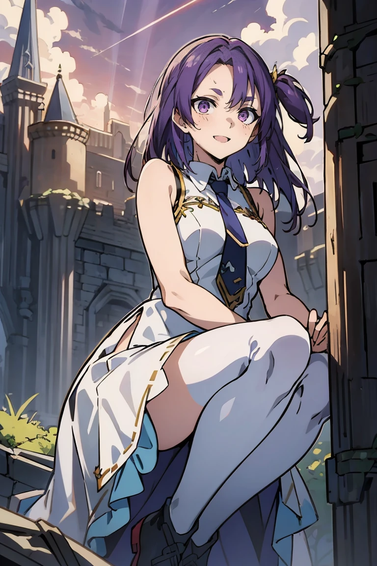 (masterpiece:1.2), (high quality:1.2), reo mikage, blue lock, girls with((1girl, solo, purple hair, (medium hair, right swept bangs, one side up:1.55), white clothes, blouse, sleeveless, collar, collarbone, collared shirt, necktie, cheongsam, cinderella dress, long dress, frill pannier, leggings, boots, sandals, bare legged, background with((fantasy world, ruin, castle, beautiful sky, shining sky, sunshine:1.35))