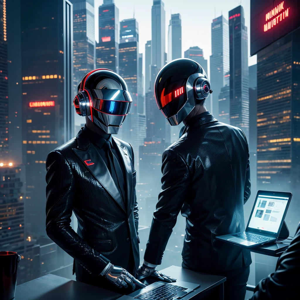realistic,detailed,hyper detailed,photorealistic,8k,highly detailed,intricate,sharp focus,ultra-detailed,masterpiece,cinematic lighting,dramatic lighting,volumetric lighting,chiaroscuro lighting,beautiful lighting,warm lighting,soft lighting,dramatic atmosphere,cinematic atmosphere,detailed environment,detailed background,panoramic view,rooftop scene,cityscape,futuristic city,daft punk-esque,two businessmen using smartphones,one using laptop,high angle view,dynamic composition,vibrant colors,neon colors,cool color palette, avec une modèle only fan dans le fond