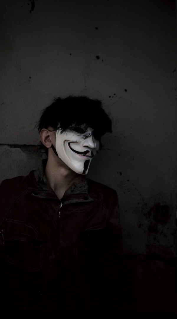 arafed man wearing a mask with a creepy face, twisted god with no face, darkwave goth aesthetic, anonymous mask, anonymous, masked person in corner, in an alleyway during the purge, creepy aesthetic, broken mask, pale white face, dark academia aesthetic, photo of scp-173, bladee from drain gang, scary look, horror aesthetic