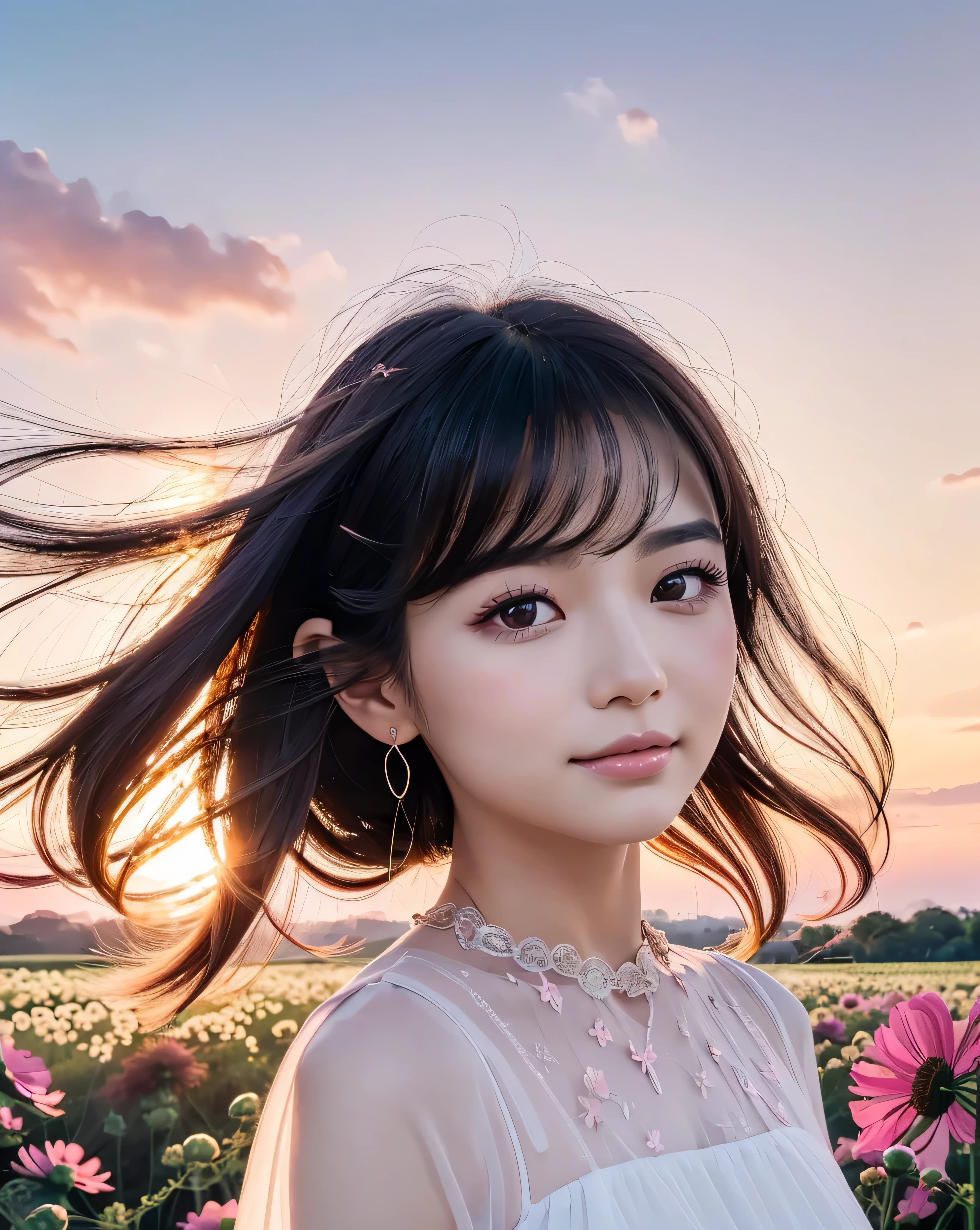 (Highest quality), (32K), (High resolution:1.5), (Masterpiece:1.5), marimo_jet, ((Face Focus:1.3)), Beautiful face in every detail, god々A photograph with brilliant dazzling and healing power., Evoking a sense of calm and elusive beauty, Expressing emotions, Have a rich imagination, A flower field that stretches to the horizon, Nostalgic scenery of youth, Beautiful Japanese Girls, An exceptionally beautiful face, Small Face Beauty, Perfect Human Anatomy, Magical big eyes, Motherhood and generosity, Deep Love, A fleeting smile, Shiny black hair, Beautiful long hair swaying in the wind, Asymmetrical bangs, Hair between the eyes, Transparent, soft white skin, Sharp eyebrows, Thin lashes, Natural Makeup, Cheek highlighter, Pale pink detailed lips, (White dress:1.4), ((Cosmos fields stretching to the horizon:1.3)), ((Pink Sky:1.3)), Beautifully detailed skies, ((Shining in the morning sunlight)), Professional photographer, Professional Lighting, Professional models, God's Secret