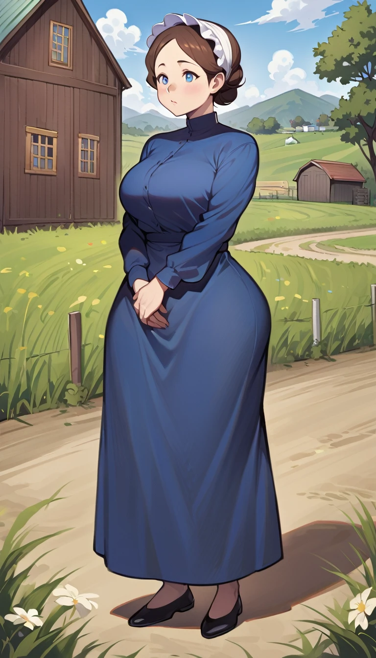 adult amish woman, 40 years old, pale skin, long sleeved blue dress, small black apron over her blue dress, full body shown, very short brown hair in a conservative sleek bun, white bonnet kapp, wide hips, thick thighs, wearing simple black flats, thick legs, slightly below the knee dress, slight face wrinkles, tight sleeves, standing upright in a farm field, no makeup, round face, hands on lap, side view, aged face, busty, hourglass body figure, rosy cheeks