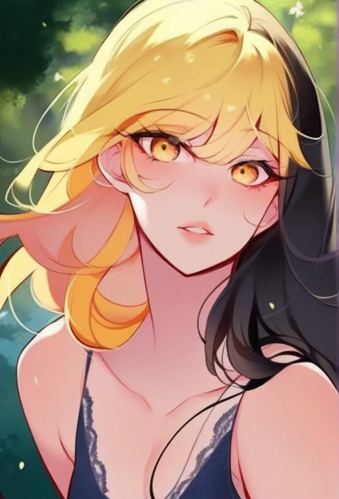 juder_style, score_9, score_8_up, score_7_up, score_6_up, score_5_up, score_4_up, hd, (ultra hd quality details), 8K, 1girl, long hair, Hourglass body, yellow eyes, yellow hair, black hair, 2d illustration, wavy hair, forest