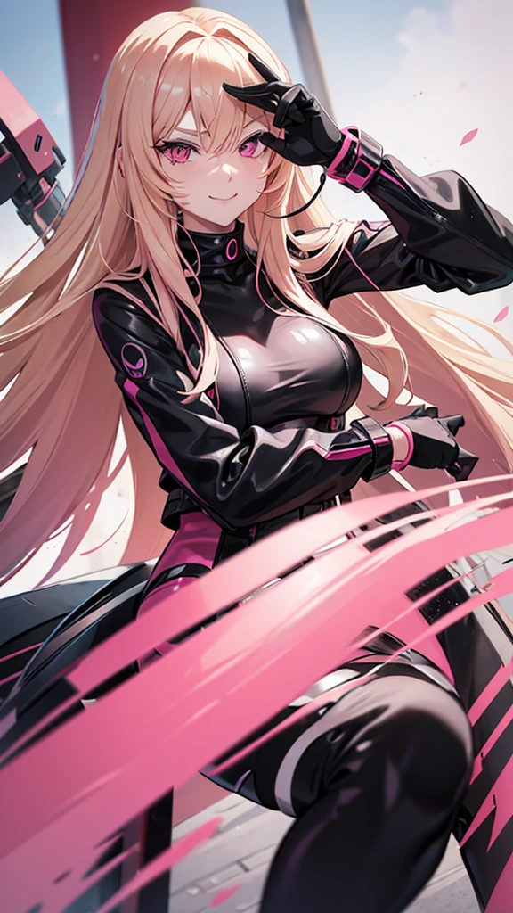 (((Adult woman))), pink eyes, long blonde hair, black-pink plug suit, smirk, attack