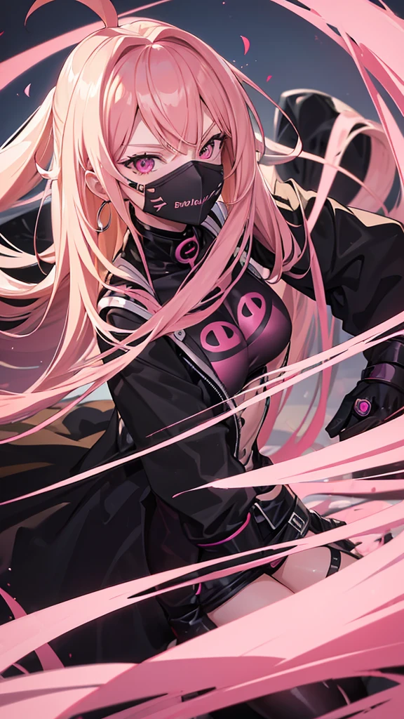 (((Adult woman))), pink eyes, long blonde hair, black-pink plug suit, smirk, attack