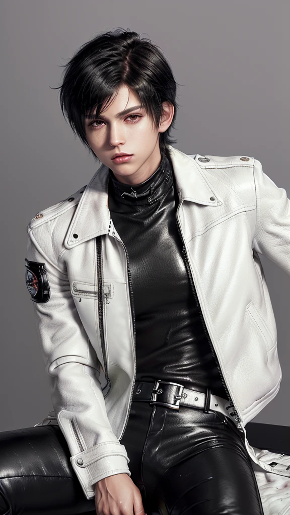 Final fantasy taste and reality graphics, ((Japanese young cute and cool ikemen boy)), his age is early 20s, thin eyebrows and beady eyes, ((he wearing off white color leather thick and heavy material jacket)), ((jacket is singlebrest)), ((biker style jacket)), ((jacket is large size)),((with epaulet)), ((jacket is long sleeve)), ((zipped front of the leather jacket)), , ((voluminous leather jacket)), ,((must jacket is high length and stand-up collar)) ((jacket collar with two belts)), ((jacket is a little black color line pattern)), ((also wearing black thick material turtleneck lackluster shirts)), ((tight black leather pants)), ((put black leather tight and thin glove on both hands)), ((black leather knee-high raceup boots)),((must views head-to-toe)),((must views whole body)), ,((Do not show skin from the neck down)),leather jacket leather glove and leather pants have few wrinkles, Avoid showing your innerwear,zip up jacket fastner.must put on a leather glove.
Boy is black hair.boy looks like fashion model.