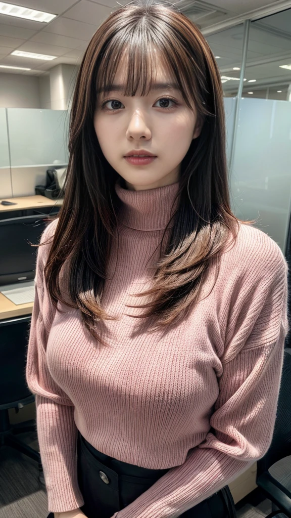Highest quality,Very detailed,finely,High resolution,8k wallpaper,Perfect dynamic composition,office lady,whole body,Are standing,Pink knitwear,turtleneck,Hair loss,Amazing beautiful eyes,Natural Lip,(Saggy breasts:1.3
