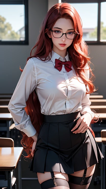 a sexy redhead school girl in short skirt uniform,garter belt,glasses,long wavy hair,beautiful detailed eyes,beautiful detailed lips,extremely detailed face and eyes,long eyelashes,seductive pose,standing in a classroom setting,(best quality,4k,8k,highres,masterpiece:1.2),ultra-detailed,(realistic,photorealistic,photo-realistic:1.37),,sexy,tight skirt,garter belt,glasses,long wavy red hair,beautiful face,detailed eyes,full lips,long eyelashes,seductive,school classroom,interior