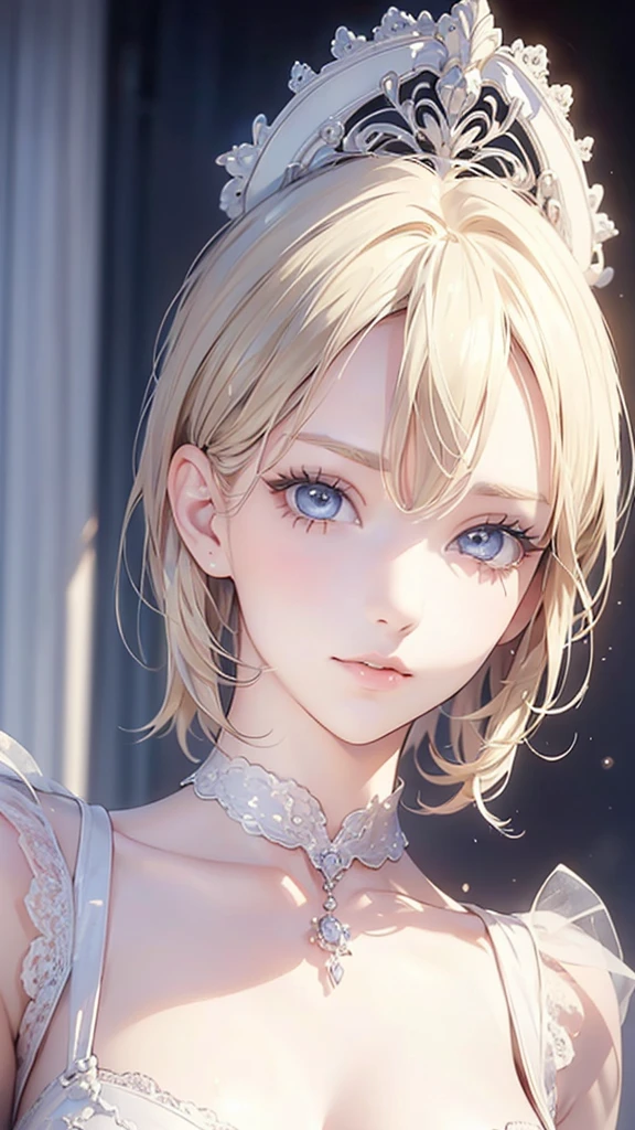 (masterpiece: 1.2, Highest quality), Realistic, (Realistic Picture, Intricate details, Depth of written boundary), Highest quality, masterpiece, Very detailed, Semi Realistic, 1 girl, Mature Woman, 21 years old, Blonde Short Hair, (Very delicate and beautiful face), (Beautiful eyes in every detail), blue eyes, King's Clothes, Red Cape, Slim figure, A crown made of precious gold,