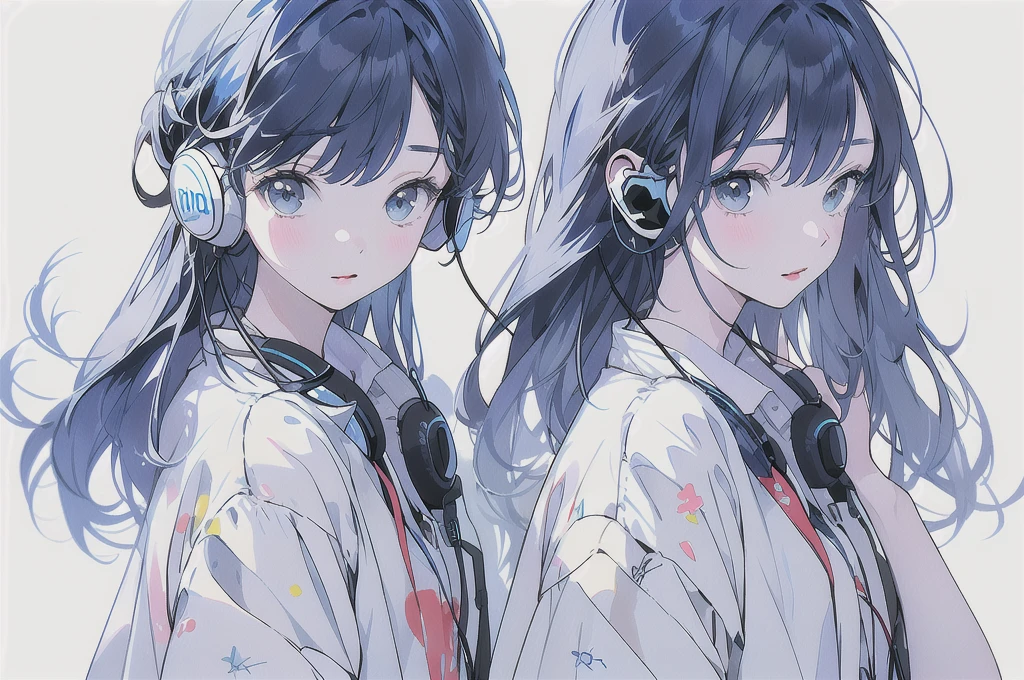 masterpiece、One Girl、Blue Hair、Fashionable clothes、Pure white background、Wearing headphones