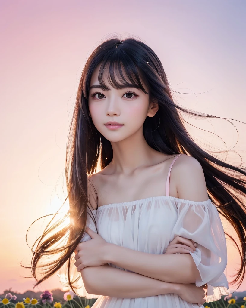 (Highest quality), (32K), (High resolution:1.5), (Masterpiece:1.5), marimo_jet, Beautiful face in every detail, god々A photograph with brilliant dazzling and healing power., Evoking a sense of calm and elusive beauty, Expressing emotions, Have a rich imagination, A flower field that stretches to the horizon, Beautiful Japanese Girls, ((Looking back:1.3)), An exceptionally beautiful face, Small Face Beauty, Perfect Human Anatomy, Magical big eyes, Motherhood and generosity, Deep Love, A fleeting smile, Shiny black hair, Beautiful long hair swaying in the wind, Asymmetrical bangs, Hair between the eyes, Transparent, soft white skin, Sharp eyebrows, Thin lashes, Natural Makeup, Cheek highlighter, Pale pink detailed lips, (White dress:1.4), ((Cosmos fields stretching to the horizon:1.3)), ((Pink Sky:1.3)), Beautifully detailed skies, ((Shining in the morning sunlight)), Professional photographer, Professional Lighting, Professional models, god秘的