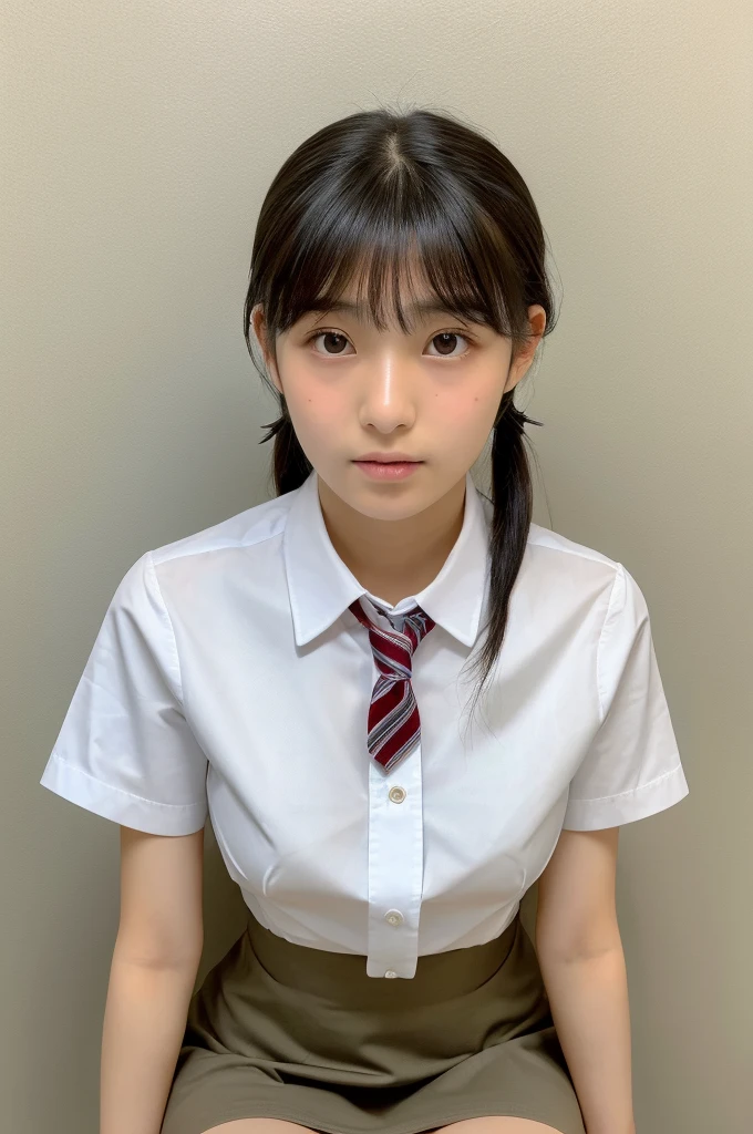 ((highest quality, masterpiece :1.3)), Photorealistic、Ultra-high resolution、Natural skin texture、Hyperrealism、Photograph from the knee up、15 year old Japanese beautiful girl、Twin tail hair、well-shaped breasts、Tight white collared shirt and tie、mini skirt、A patient expression、My eyes are watering