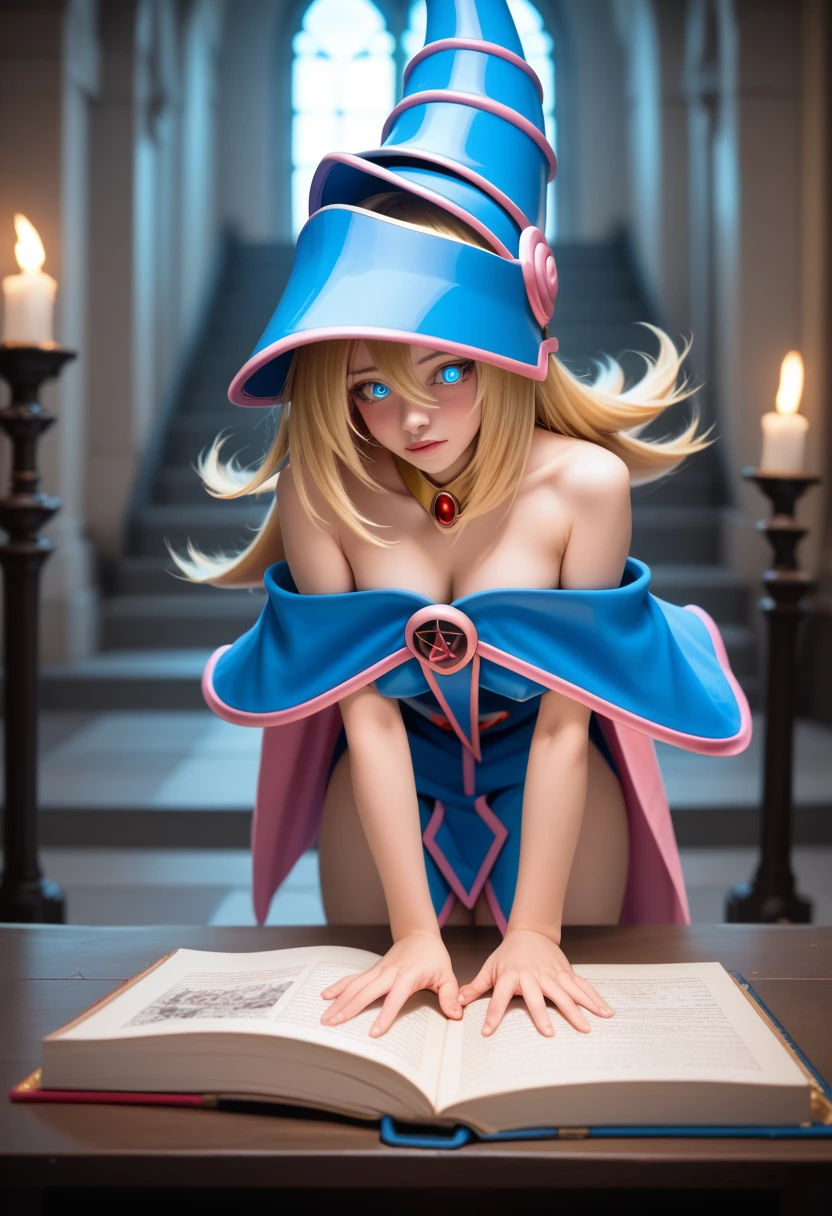 dark magician girl, masterpiece, best quality, (1 Girl), Solitary, Long hair, Blonde Hair, Blue headdress, Wizard Hat, Spellcasting, castle, castle:2, Motion Blur, Book, magic, (moonlight:1.2), Chromatic Aberration, Depth of Field, Soft lighting, The face is rich in detail, Very detailed eyes, 