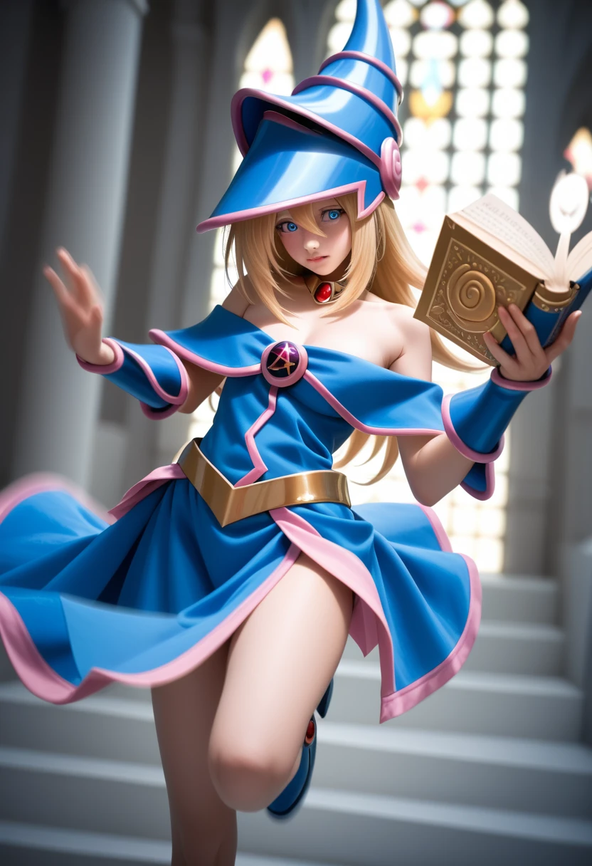 dark magician girl, masterpiece, best quality, (1 Girl), Solitary, Long hair, Blonde Hair, Blue headdress, Wizard Hat, Spellcasting, castle, castle:2, Motion Blur, Book, magic, (moonlight:1.2), Chromatic Aberration, Depth of Field, Soft lighting, The face is rich in detail, Very detailed eyes, 