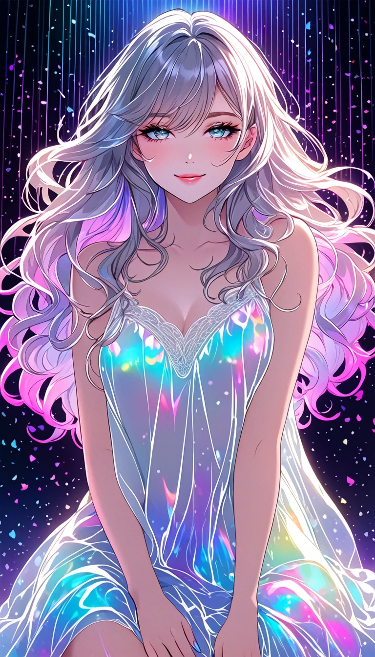 line art, iridescent neon light effect, beautiful woman, two side up messy wavy fluffy long hair, make-up, wearing loose dress made of thin knit fabric, seductive smile, amorous and lewd expression, great Proportions, glitter effects, foggy filter effects, 2.5D, delicate and dynamic, BREAK background white, soft and gentle image effects