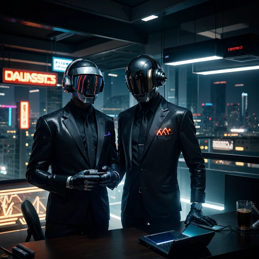 realistic,detailed,hyper detailed,photorealistic,8k,highly detailed,intricate,sharp focus,ultra-detailed,masterpiece,cinematic lighting,dramatic lighting,volumetric lighting,chiaroscuro lighting,beautiful lighting,warm lighting,soft lighting,dramatic atmosphere,cinematic atmosphere,detailed environment,detailed background,panoramic view,rooftop scene,cityscape,futuristic city,daft punk-esque,two businessmen using smartphones,one using laptop,high angle view,dynamic composition,vibrant colors,neon colors,cool color palette