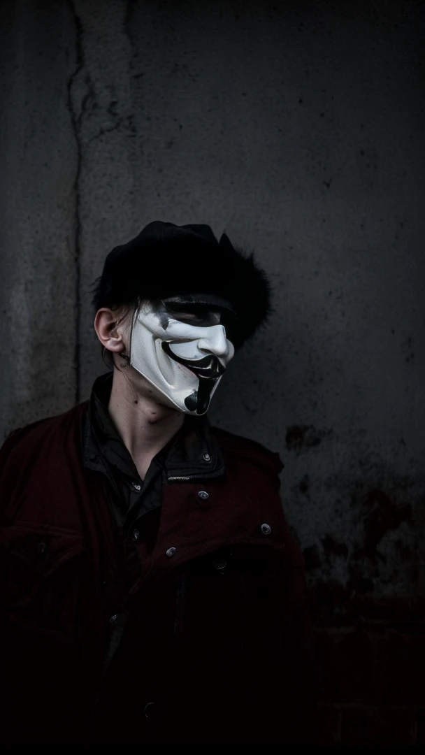 arafed man wearing a mask with a creepy face, twisted god with no face, darkwave goth aesthetic, anonymous mask, anonymous, masked person in corner, in an alleyway during the purge, creepy aesthetic, broken mask, pale white face, dark academia aesthetic, photo of scp-173, bladee from drain gang, scary look, horror aesthetic
