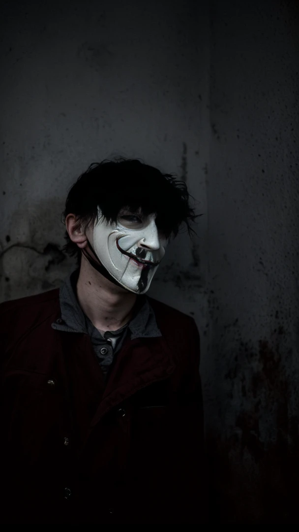 arafed man wearing a mask with a creepy face, twisted god with no face, darkwave goth aesthetic, anonymous mask, anonymous, masked person in corner, in an alleyway during the purge, creepy aesthetic, broken mask, pale white face, dark academia aesthetic, photo of scp-173, bladee from drain gang, scary look, horror aesthetic