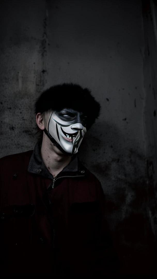 arafed man wearing a mask with a creepy face, twisted god with no face, darkwave goth aesthetic, anonymous mask, anonymous, masked person in corner, in an alleyway during the purge, creepy aesthetic, broken mask, pale white face, dark academia aesthetic, photo of scp-173, bladee from drain gang, scary look, horror aesthetic