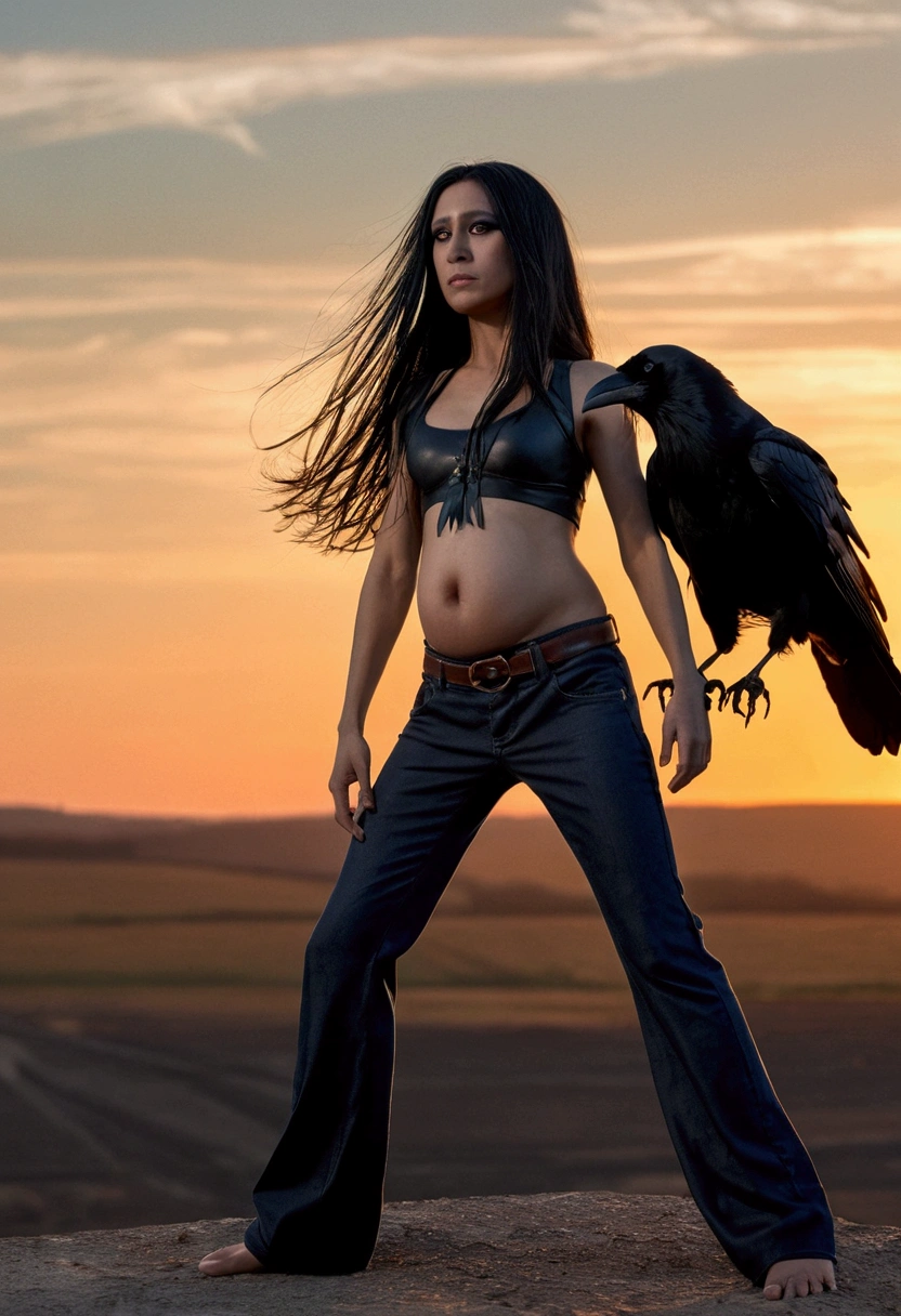 masterpiece, best quality, movie still, 1girl, monstergirl, crow woman, full body, portrait, detailed (eyes), long (hair), perfect body, proportional body, crow|raven wings, deep look, wearing ((pants:1.5)), close-up, cold soft lighting, sunset, (aura:0.7) 1 week pregnant