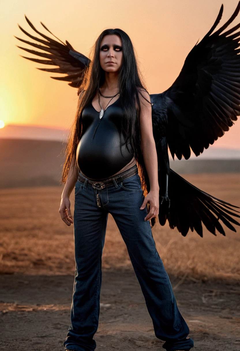masterpiece, best quality, movie still, 1girl, monstergirl, crow woman, full body, portrait, detailed (eyes), long (hair), perfect body, proportional body, crow|raven wings, deep look, wearing ((pants:1.5)), close-up,  cold soft lighting, sunset, (aura:0.7) 1 week pregnant
