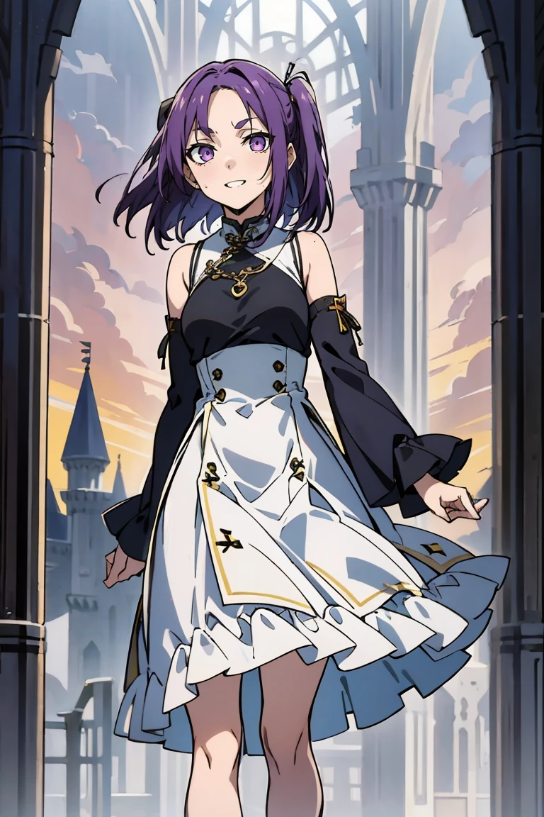 (masterpiece:1.2), (high quality:1.2), reo mikage, blue lock, girls with((1girl, solo, purple hair, (medium hair, right swept bangs, one side up:1.55), bare shoulder, blush, breasts, arm wears, elbow armwarmers, choker, cleavage, cowboy shot, collar, collarbone, rosary, cross, white clothes, blouse, white dress, sleeveless, collared shirt, necktie, (black sleeves, cheongsam:1.2), cinderella dress, long dress, frilled panniers, (open dress:1.34), leggings, boots, sandals, bare legs)), background with((fantasy world, ruin, castle, beautiful sky, shining sky, sunshine:1.35))