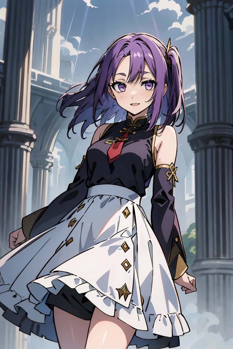 (masterpiece:1.2), (high quality:1.2), reo mikage, blue lock, girls with((1girl, solo, purple hair, (medium hair, right swept bangs, one side up:1.55), bare shoulder, blush, breasts, arm wears, elbow armwarmers, choker, cleavage, cowboy shot, collar, collarbone, rosary, cross, white clothes, blouse, white dress, sleeveless, collared shirt, necktie, (black sleeves, cheongsam:1.2), cinderella dress, long dress, frilled panniers, (open dress:1.34), leggings, boots, sandals, bare legs)), background with((fantasy world, ruin, castle, beautiful sky, shining sky, sunshine:1.35))