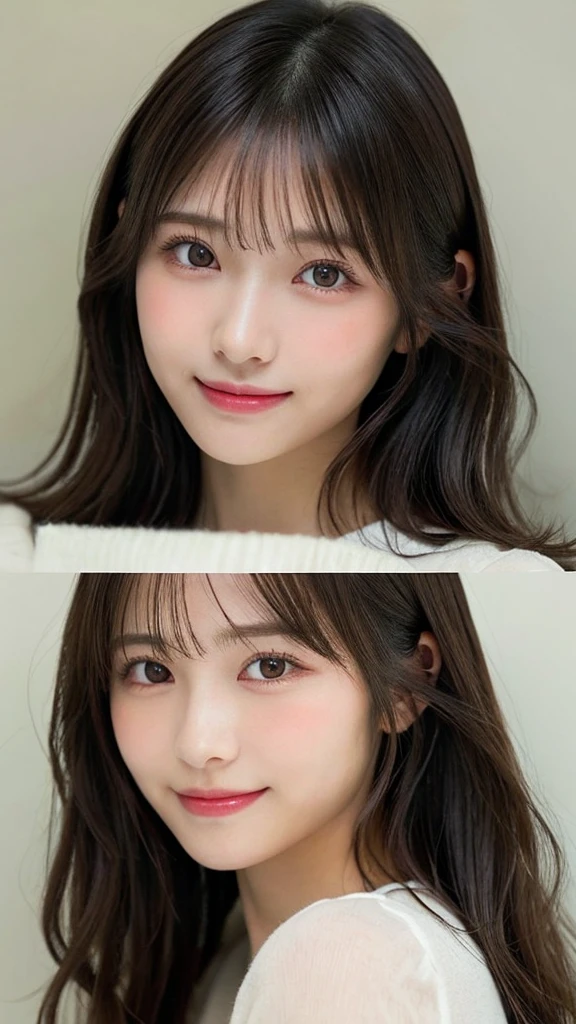 膝までのアングル、（Highest quality：1.3）、Natural color lips、Cute Smile、Japanese women、17-year-old girl、Beautiful and exquisiteな顔、Perfect and beautiful face、Beautiful and exquisite、Big eyes、Brunette's eyes、Beautiful and exquisiteな顔、Perfect and beautiful double eyelids、Natural Bangs、Beautiful and thin nose、Beautiful Skin、Black natural hair、Long Hair、Natural Bangs、Perfect and beautiful face、Slim face and figure、、Shoulder-length layers、Asymmetrical bangs、Japanese Idols、膝までのアングル