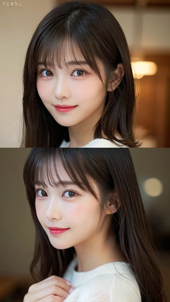 膝までのアングル、（Highest quality：1.3）、Natural color lips、Cute Smile、Japanese women、17-year-old girl、Beautiful and exquisiteな顔、Perfect and beautiful face、Beautiful and exquisite、Big eyes、Brunette's eyes、Beautiful and exquisiteな顔、Perfect and beautiful double eyelids、Natural Bangs、Beautiful and thin nose、Beautiful Skin、Black natural hair、Long Hair、Natural Bangs、Perfect and beautiful face、Slim face and figure、、Shoulder-length layers、Asymmetrical bangs、Japanese Idols、膝までのアングル