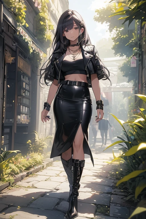 ((masterpiece, best quality, ultra-detailed)), 1girl, beautiful woman walking through a garden, white leather jacket, crop top, necklace, bracelet, black midi pencil skirt, long black skirt, leather boots, full body, long purple hair, tree, leaves, summer
