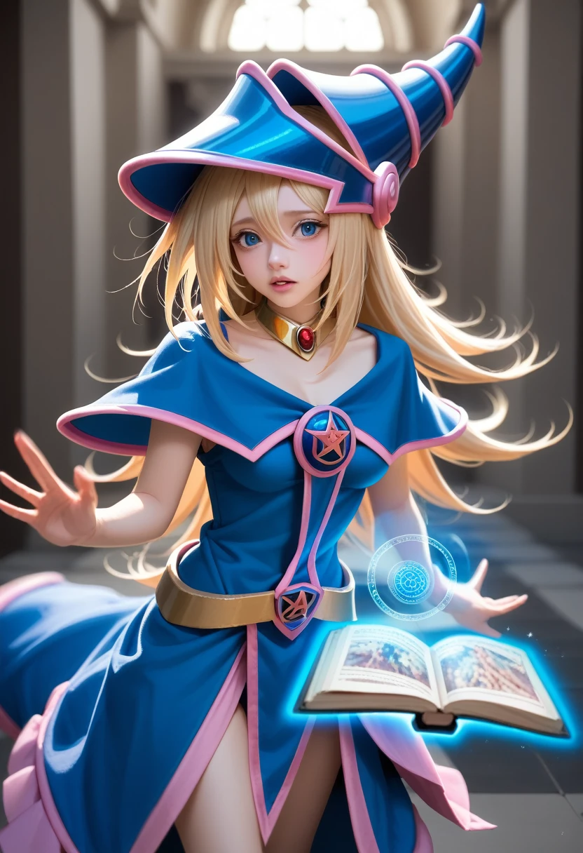 dark magician girl, masterpiece, best quality, (1 Girl), Solitary, Long hair, Blonde Hair, Blue headdress, Wizard Hat, Spellcasting, castle, castle:2, Motion Blur, Book, magic, (moonlight:1.2), Chromatic Aberration, Depth of Field, Soft lighting, The face is rich in detail, Very detailed eyes, 