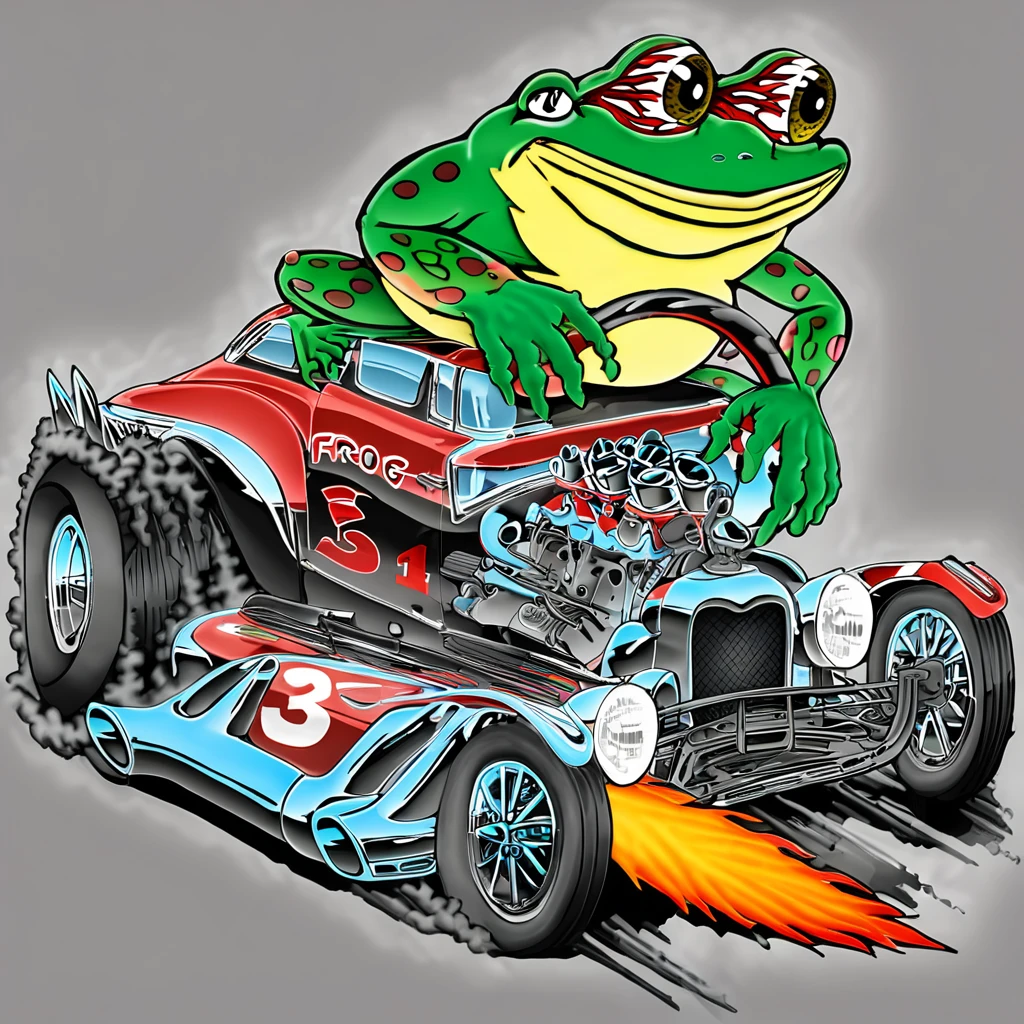 a cool racing car on top of the car there is a frog monster
