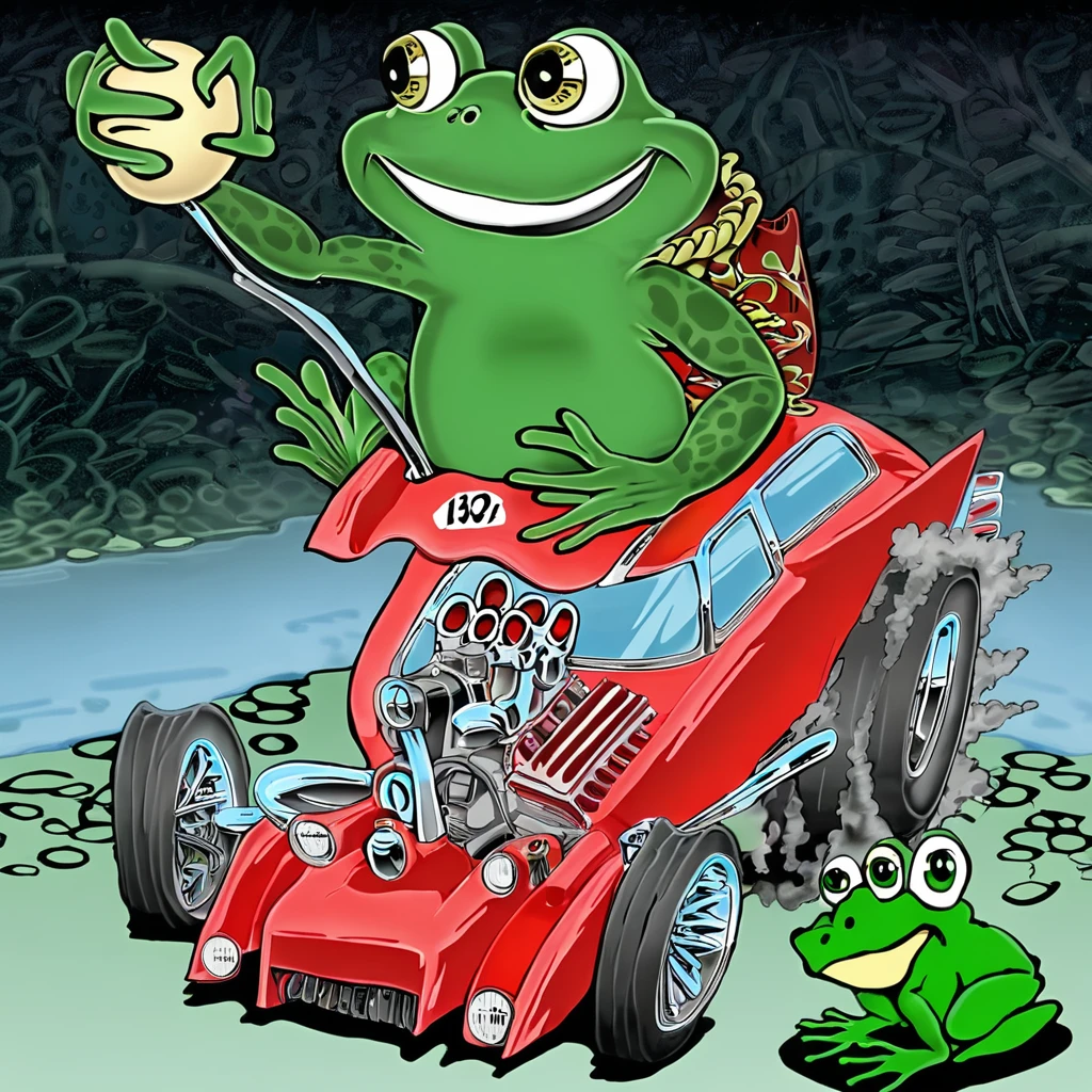 a cool racing car on top of the car there is a frog monster