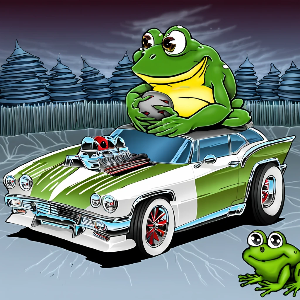 a cool racing car on top of the car there is a frog monster