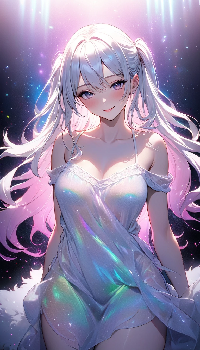 line art, iridescent neon light effect, beautiful woman, two side up messy wavy fluffy long hair, make-up, wearing loose dress made of thin knit fabric, seductive smile, amorous and lewd expression, great Proportions, glitter effects, foggy filter effects, 2.5D, delicate and dynamic, BREAK background white, soft and gentle image effects