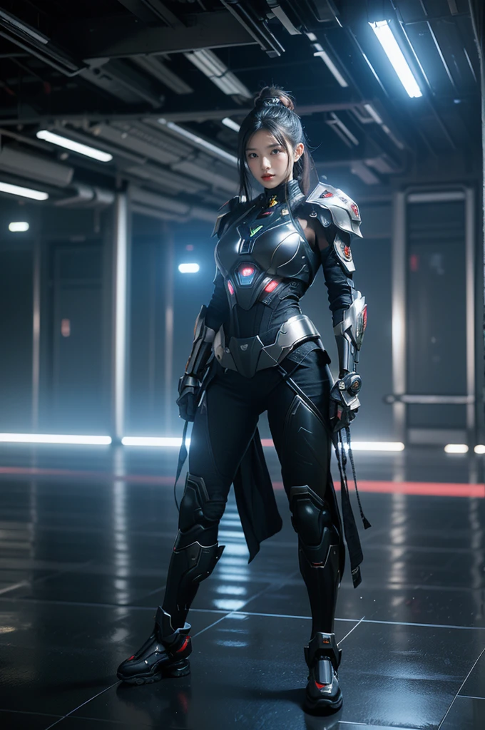 game art,best picture quality,Highest resolution,8k,((A half-length photo)),((portrait)),(rule of thirds),Unreal Engine 5 rendering works, (Future girl),(female warrior), 22-year-old young hacker),(ancient oriental hairstyle),(Beautiful eyes full of details),(big breasts),(eye shadow),Elegant and charming,indifferent,((frown)),(Combat suit full of futuristic technology,The costume combines futuristic power armor and,Clothing is decorated with glittering patterns and emblems),cyberpunk characters,in the style of futuristic, photo poses,city background,lamp,Ray tracing,Game CG,((3D Unreal Engine)),OC rendering reflection pattern