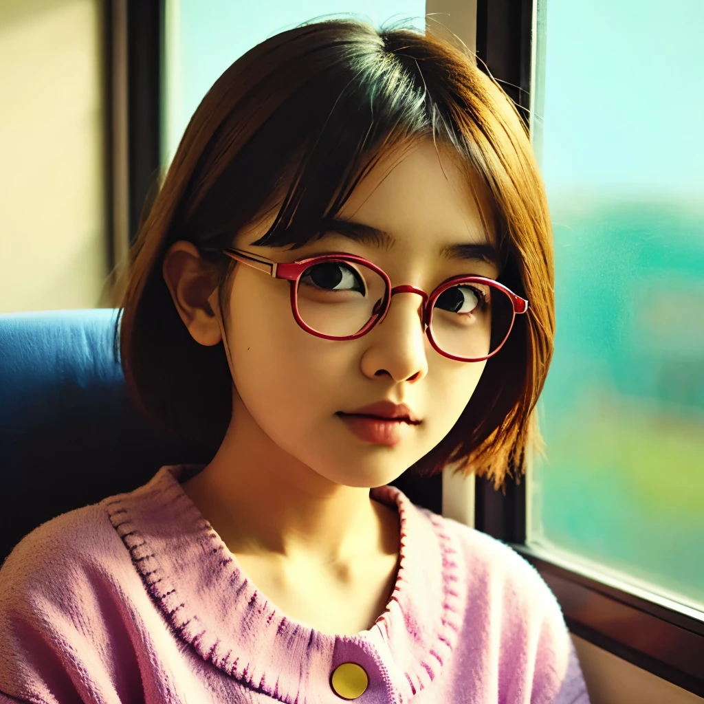 7 years old 、Elementary school girl、Red-rimmed glasses、sit in a train seat、close-up of face from the front