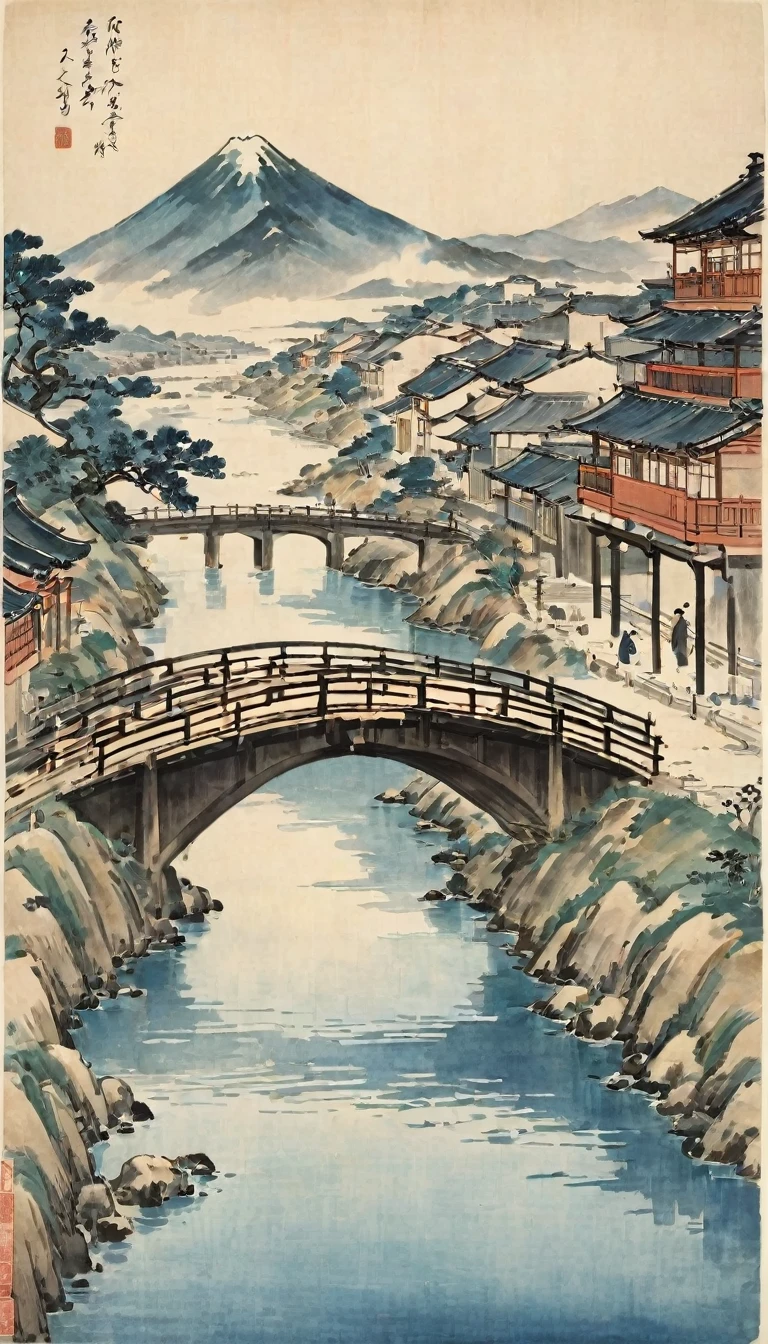 Katsushika Hokusai、vague、Mont、river、Calm waves、bridge、wood々、People passing by々、Modern Town、the way、Skyscrapers visible in the distance、Ink and watercolor、Light tones、Calligraphy、Ink Painting