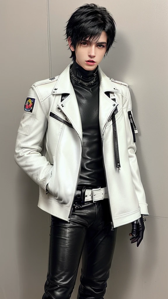 Final fantasy taste and reality graphics, ((Japanese young cute and cool ikemen boy)), his age is early 20s, thin eyebrows and beady eyes, ((he wearing off white color leather thick and heavy material jacket)), ((jacket is singlebrest)), ((biker style jacket)), ((jacket is large size)),((with epaulet)), ((jacket is long sleeve)), ((zipped front of the leather jacket)), , ((voluminous leather jacket)), ,((must jacket is high length and stand-up collar)) ((jacket collar with two belts)), ((jacket is a little black color line pattern)), ((also wearing black thick material turtleneck lackluster shirts)), ((tight black leather pants)), ((put black leather tight and thin glove on both hands)), ((black leather knee-high raceup boots)),((must views head-to-toe)),((must views whole body)), ,((Do not show skin from the neck down)),leather jacket leather glove and leather pants have few wrinkles, Avoid showing your innerwear,zip up jacket fastner.must put on a leather glove.
Boy is black hair.boy looks like fashion model.