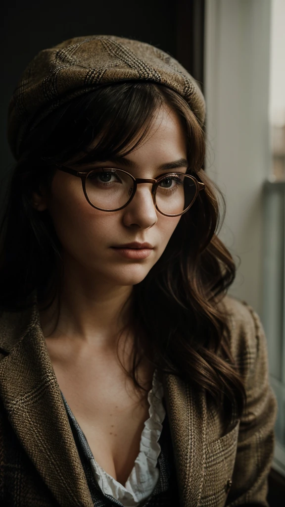 A portrait of a young woman with a mysterious air, captured in a vintage style. She wears a plaid suit, a flat cap, and round glasses. The soft lighting creates a moody atmosphere, emphasizing the subtle details of her outfit and her thoughtful expression. The background is blurred, drawing attention to the woman’s face and her mysterious gaze. The style is inspired by photographers like Peter Lindbergh, Stephen Shore, and David LaChapelle. The image is full of texture and depth, with a focus on